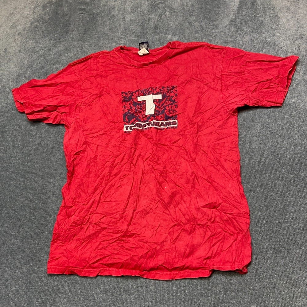 Vintage Tommy Jeans T-Shirt Mens Large Red Floral Logo Graphic Short Sleeve